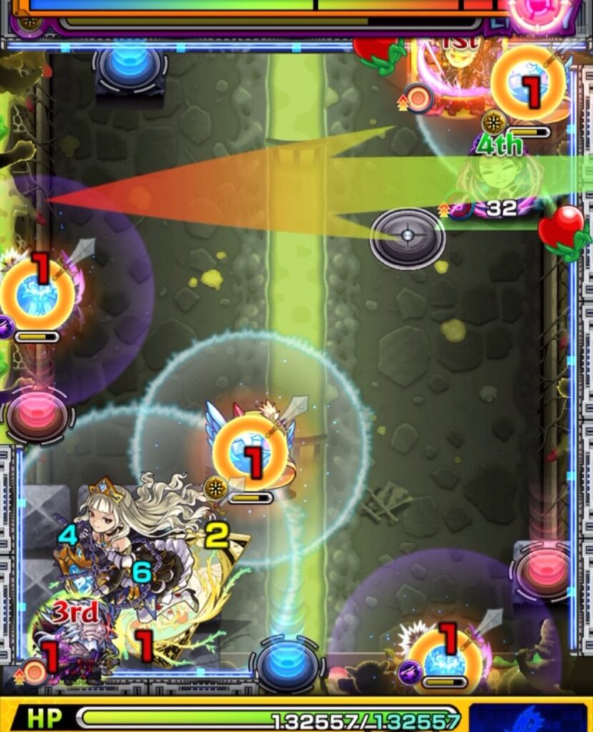 超究極チリアット・ステージ3の1手目。魔導士→はやリンの順に触れて攻撃力を上げ、赤テレポトンネルから天使へ反射し、中ボスと壁のあいだからダメージを与えている場面のスクリーンショット。