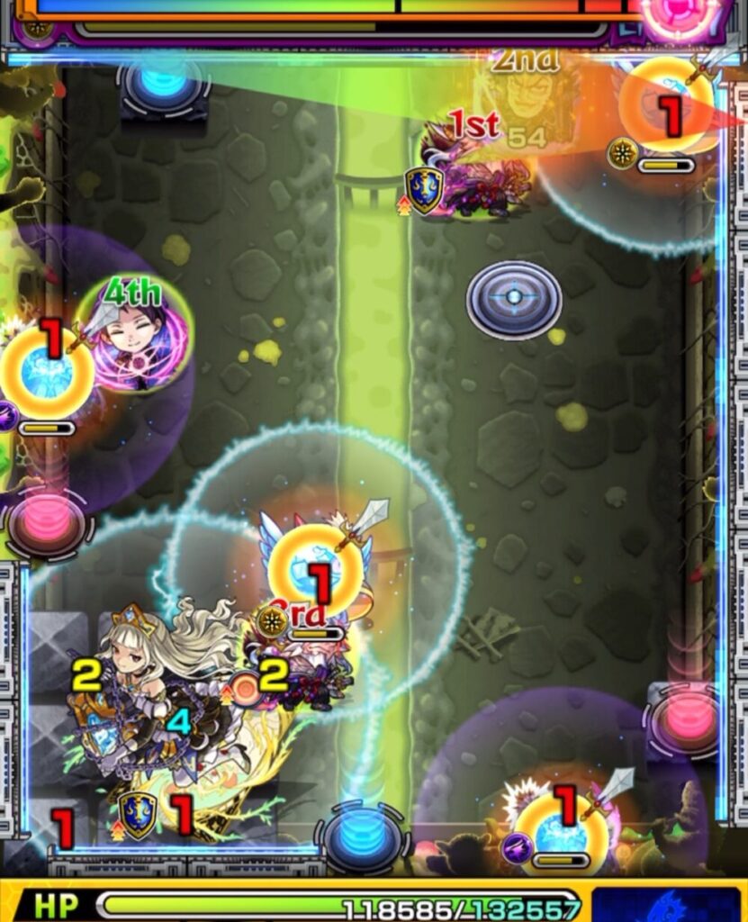 超究極チリアット・ステージ3の3手目。はやリン→魔導士→はやリン→赤テレポトンネルのルートで中ボスと壁の間を狙ったが左側には挟まれず、右側から少しだけダメージを与えた場面のスクリーンショット。