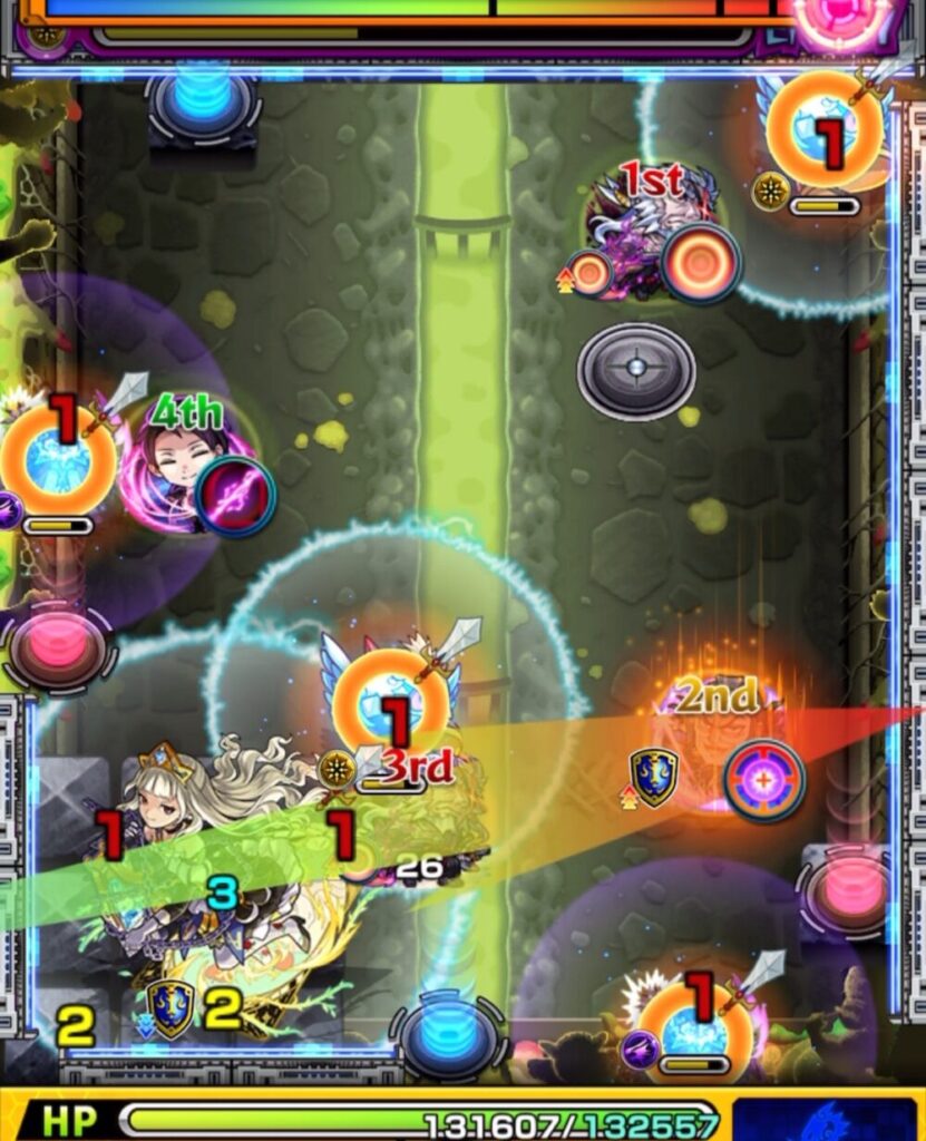 超究極チリアット・ステージ3の4手目。はやリン→魔導士→はやリン→青テレポトンネルのルートを狙ったが、右上のはやリンでイレバンしてミスショットになった場面のスクリーンショット。