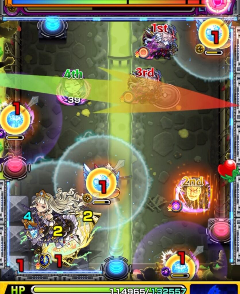 超究極チリアット・ステージ3の5手目。魔導士→天使→赤テレポトンネルを経由し、中ボスと壁のあいだに入り大ダメージを与えることに成功した場面のスクリーンショット