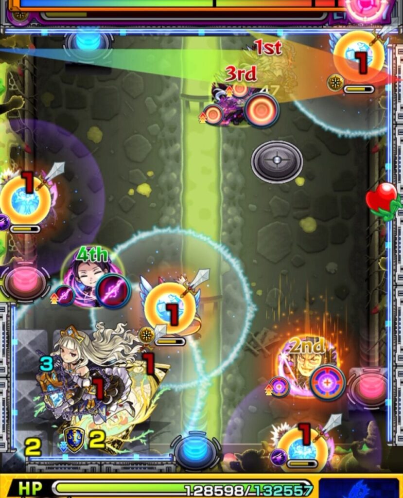 超究極チリアット・ステージ3の6手目。全滅攻撃残り1ターンの状況で、はやリン→魔導士→はやリン→赤テレポトンネルを経由し、中ボスと壁のあいだに入って撃破しステージ突破した場面のスクリーンショット。