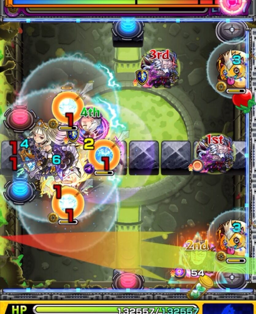 超究極チリアット・ステージ4の1手目。かちリン→天使→魔導士→天使→かちリン→青テレポトンネルを想定したものの、イレバンで魔導士に触れて中ボスを防御アップさせてしまった場面のスクリーンショット。