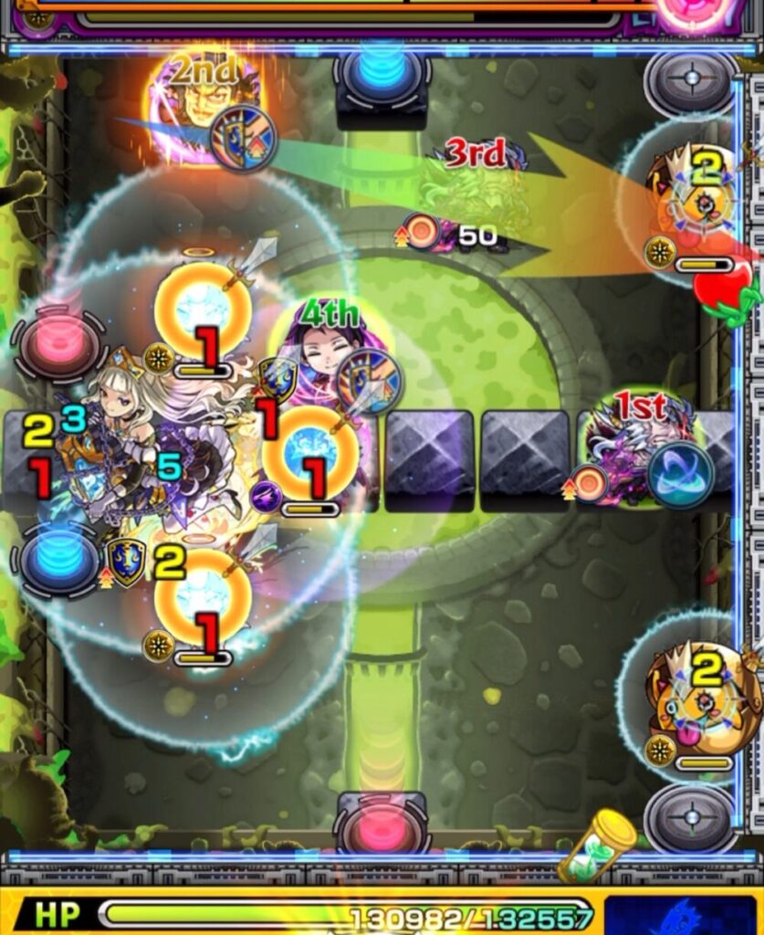 超究極チリアット・ステージ4の2手目。かちリン→天使→魔導士→かちリン→赤テレポトンネルを経由し、中央の中ボスと壁のすき間に入ったものの角度が浅く、ほとんど火力を出せず下に抜けてしまった場面のスクリーンショット。