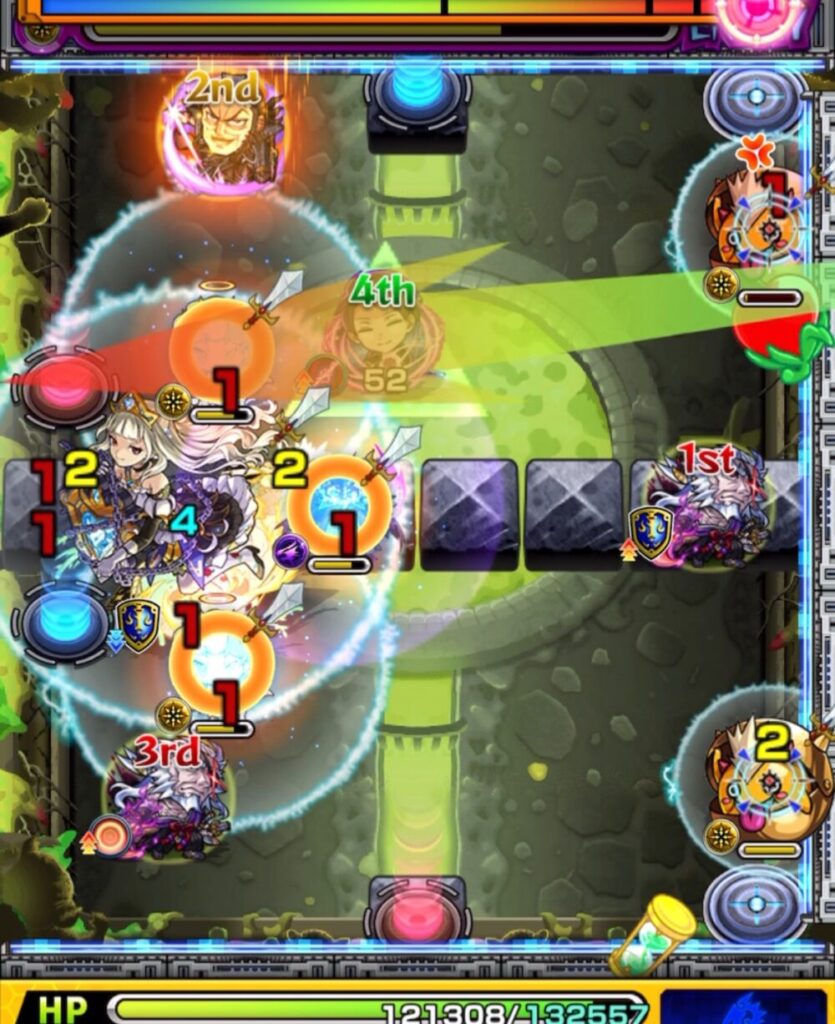 超究極チリアット・ステージ4の3手目。天使→魔導士→天使→かちリン→赤テレポトンネル経由で中ボスと壁のすき間に入り、連続ヒットで大ダメージを与えている場面のスクリーンショット。