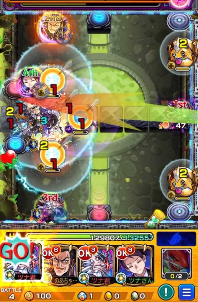 超究極チリアット・ステージ4の4手目。柳生十兵衛のSSで魔導士→天使→かちリン→青テレポトンネルを経由し、中ボスと壁のあいだに挟まり連続ヒットで撃破している場面のスクリーンショット。