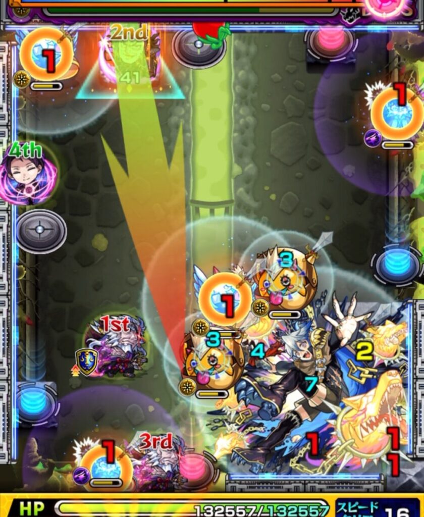 超究極チリアット・ボスステージ1の1手目。かちリン→はやリン→かちリンの順で触れて赤テレポトンネルからボスと下壁のあいだを狙うが、防御ダウンが発動せず十分なダメージを与えられなかった場面のスクリーンショット。