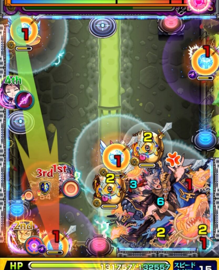 超究極チリアット・ボスステージ1の2手目。魔導士→はやリンの順に触れて防御ダウンを発動し、赤テレポトンネルからボスと下壁のあいだに入り大ダメージを与えた場面のスクリーンショット。