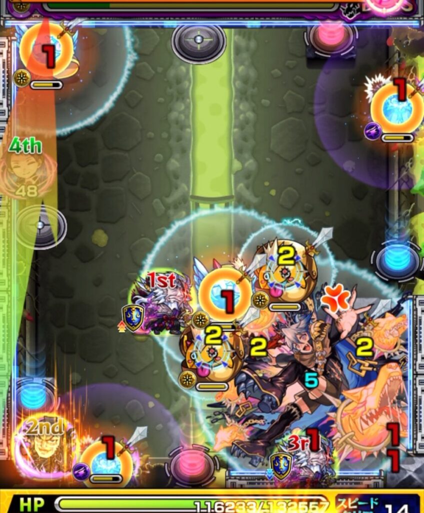 超究極チリアット・ボスステージ1の3手目。はやリン→魔導士→はやリン→かちリンと経由し赤テレポトンネルからボスと下壁を狙うも、天使とかちリンの間に挟まってしまい失敗した場面のスクリーンショット。