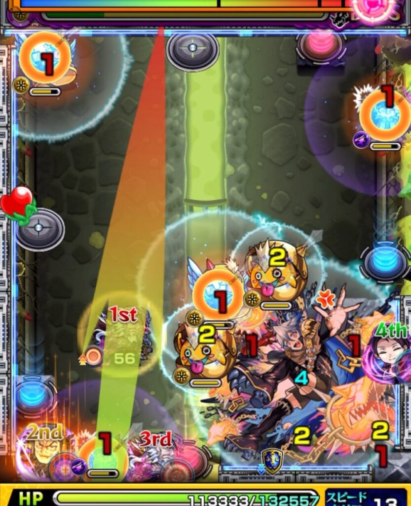 超究極チリアット・ボスステージ1の4手目。はやリン→かちリン→赤テレポトンネル経由でボスと下壁に挟まり、大ダメージを与えてボスを撃破した場面のスクリーンショット。