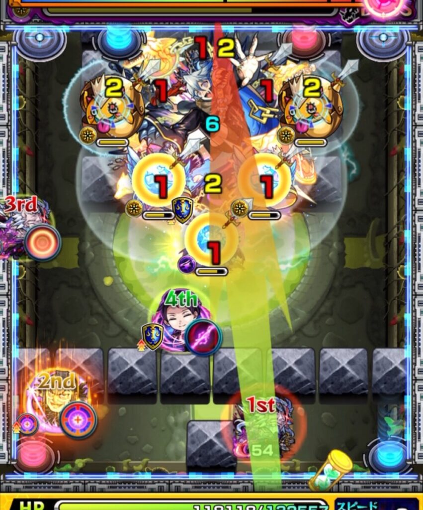 超究極チリアット・ボスステージ2の4手目。魔導士→はやリン→かちリン→赤テレポトンネルのルートでボスと上壁に挟まり、大ダメージを与えた場面のスクリーンショット。