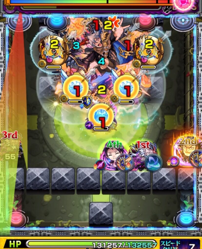 超究極チリアット・ボスステージ2の6手目。かちリン→はやリン→魔導士を経由して攻撃力を上げ、青テレポトンネルからボスと上壁に挟まり、残りHPを削り切って撃破した瞬間のスクリーンショット。