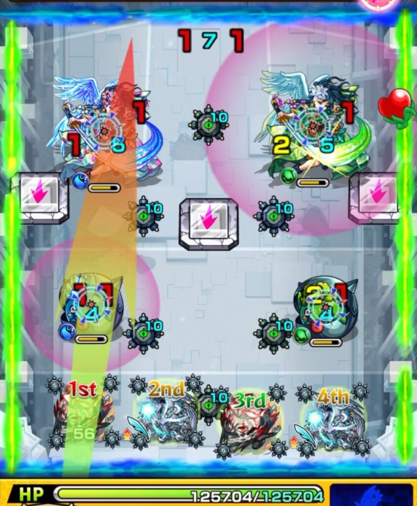 破界の星墓・アラミタマの星墓ステージ1、1手目のスクリーンショット。
無印かちリンとLBかちリン&ムラサメの蘇生ペアが並ぶ中、オカルンをランチャーパネル上に配置し、次ターンの同時処理に備えている場面。