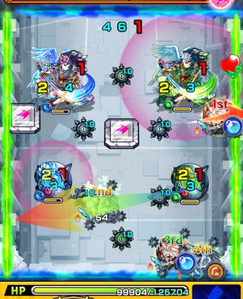 破界の星墓・アラミタマの星墓ステージ1の2手目。
オカルンがランチャーパネルから木属性ムラサメを壁カンで撃破し、遊星がパネルを踏んで水属性かちリンを処理。
LBムラサメ&かちリンの相互蘇生ペアも同時処理に成功した場面。