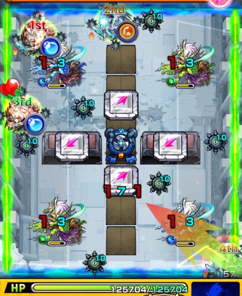 破界の星墓・アラミタマの星墓ステージ2の1手目。
中央の数字で相互蘇生する鬼に対し、パネル配置を意識して水属性の鬼へ攻撃。
1体の鬼の処理に成功した場面。