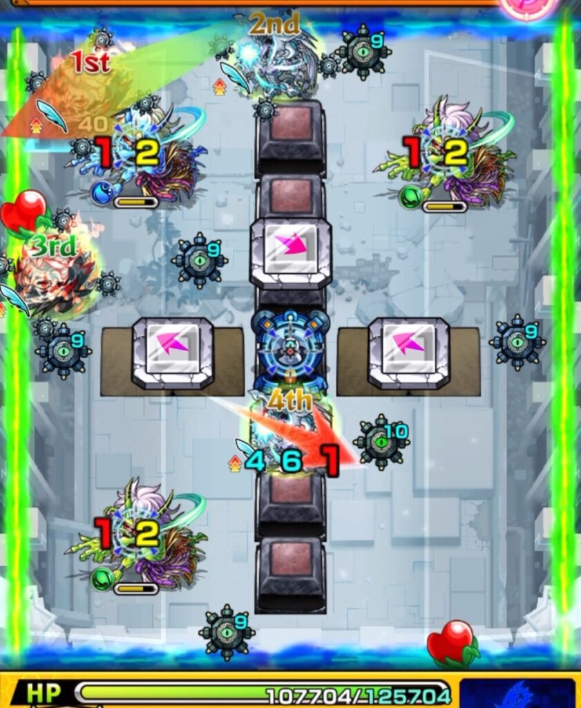 破界の星墓・アラミタマの星墓ステージ2の2手目。
オカルンで木属性の鬼を攻撃し処理成功。
パネル配置の遊星はブロックを抜けて水属性の鬼を狙うルートに向かう場面。