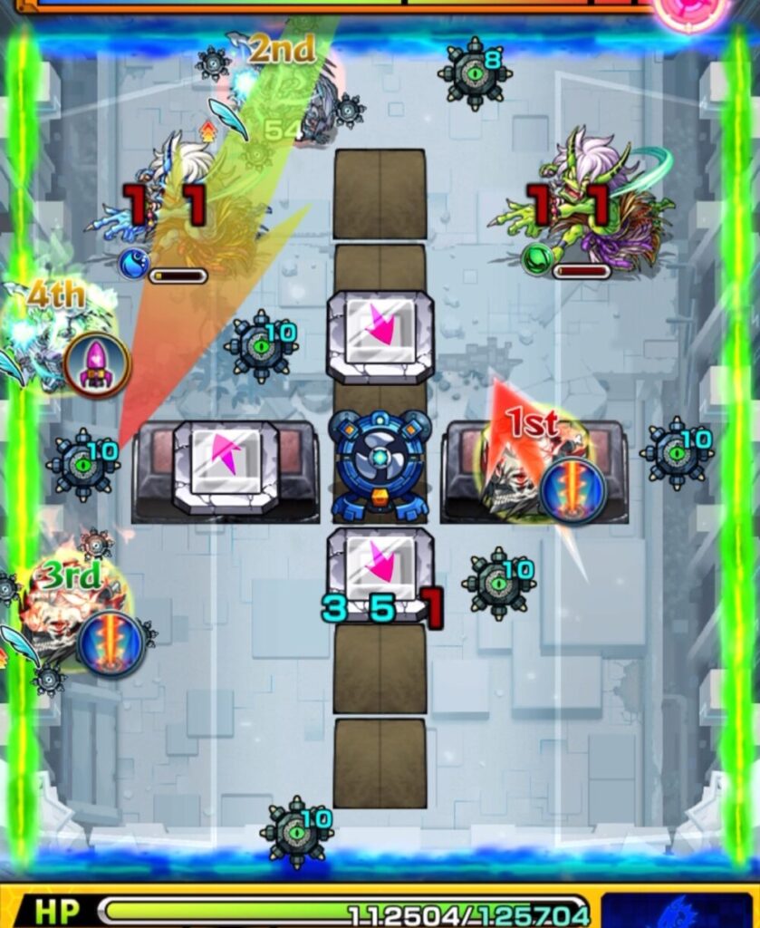 破界の星墓・アラミタマの星墓ステージ2の3手目。
パネル配置のオカルンが木属性の鬼に攻撃し、遊星が水属性の鬼を追撃。
木と水の鬼の同時処理に成功してステージ突破した場面。