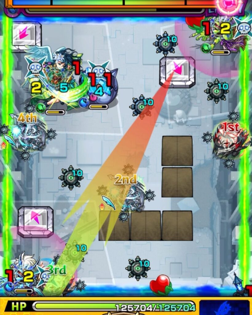 破界の星墓・アラミタマの星墓ステージ3の1手目。
相互蘇生するムラサメ・かちリン・鬼のペアに対し、オカルンがランチャーパネルを配置しながら木属性の鬼へダメージを与える場面。