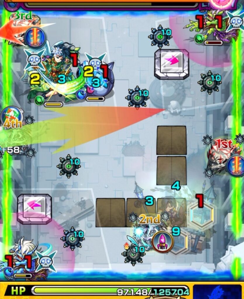 破界の星墓・アラミタマの星墓ステージ3。
オカルンがランチャーパネル上から木属性ムラサメを壁とのあいだでカンカン処理し、遊星が水属性かちリンを倒して同時処理に成功したシーン。