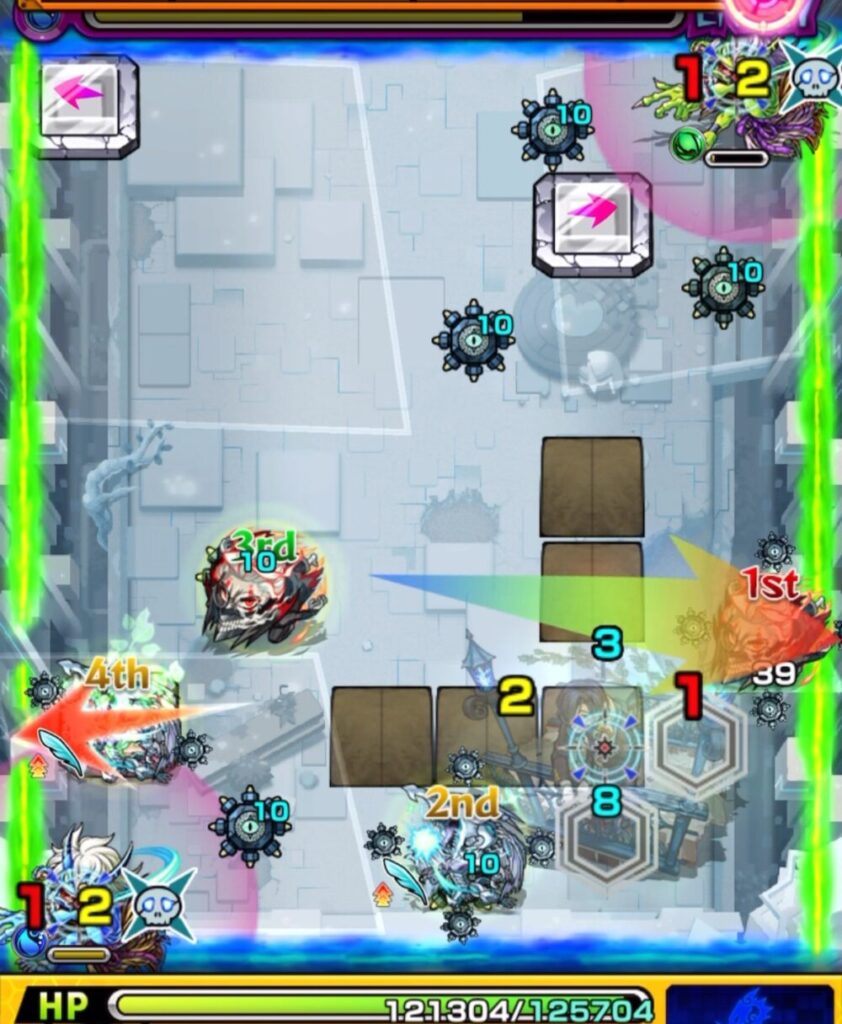 破界の星墓・アラミタマの星墓ステージ3。
遊星が水属性の鬼を狙うも倒しきれず、オカルンが木属性の鬼を攻撃したものの相互蘇生ペアの同時処理に失敗した場面。」