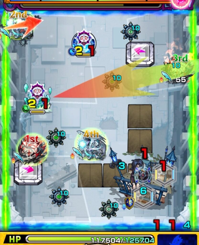 破界の星墓・アラミタマの星墓ステージ3。
遊星が水属性の玉を処理し、オカルンが木属性のクリスタルを破壊。
両ギミックの処理に成功しつつ、中ボスにも大ダメージを与えている場面。