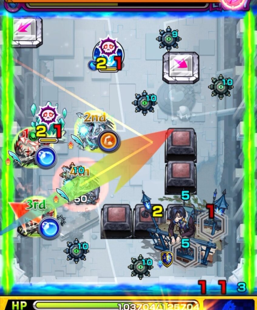 破界の星墓・アラミタマの星墓ステージ3。
オカルンが木属性のクリスタルを処理し、遊星が水属性の玉を倒して中ボスへ大ダメージを与え、ステージ3を突破した場面。