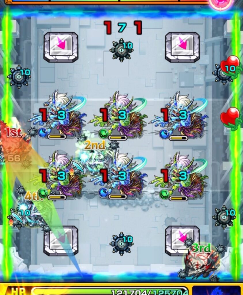 破界の星墓・アラミタマの星墓ステージ4。
オカルンがランチャーパネルを踏みながら木属性の鬼へ攻撃し、2体同時に処理することに成功した場面。