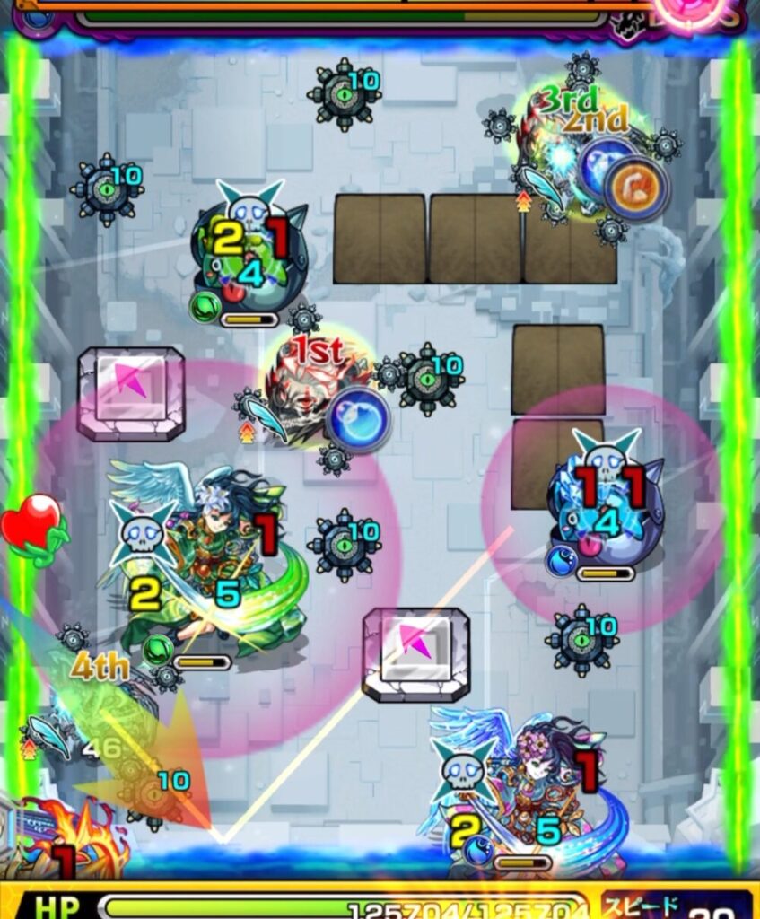 破界の星墓・アラミタマの星墓ボスステージ1。
遊星がランチャーパネル配置を優先し、かちリンと水ムラサメにダメージを与えて2体を撃破するも、相互蘇生で復活した場面。