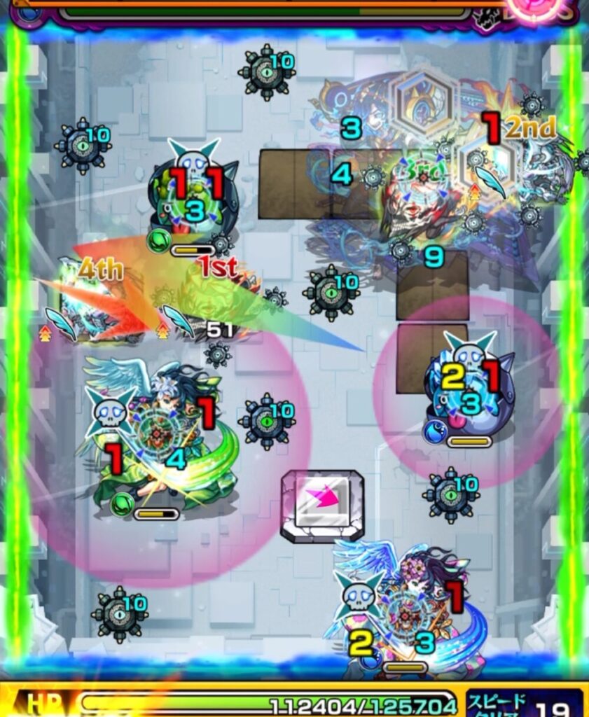 破界の星墓・アラミタマの星墓ボスステージ1。
遊星が水かちリンと水ムラサメを攻撃し、続くオカルンが木属性鬼と木属性ムラサメを狙う。
かちリンは処理できたがムラサメ2体を倒しきれず、相互蘇生で木・水属性かちリンが復活したシーン。