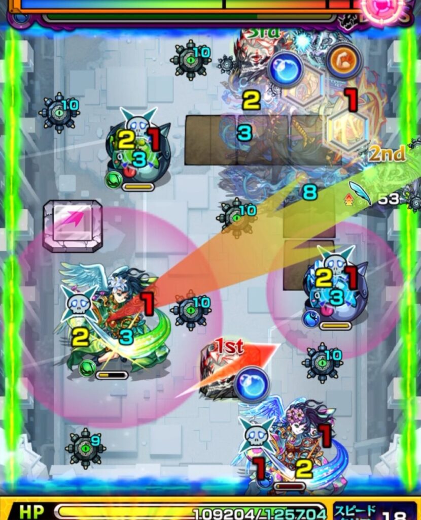 破界の星墓・アラミタマの星墓ボスステージ1の3手目。
オカルンで水かちリン、遊星で木属性ムラサメの処理を狙うもルートがかみ合わず、水属性ムラサメと水属性かちリンだけ倒してしまい、相互蘇生で盤面が振り出しに戻ってしまった場面。