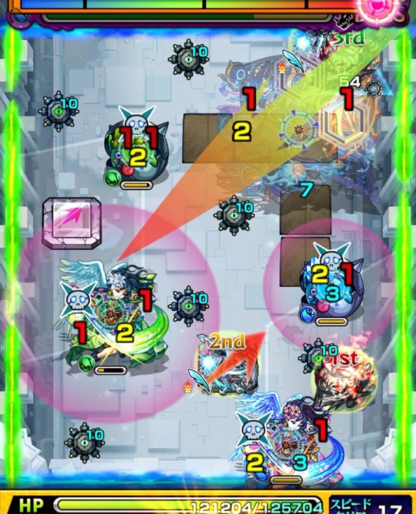 破界の星墓・アラミタマの星墓ボスステージ1。
遊星が水かちリンを狙い、オカルンが木ムラサメとの同時処理を狙うも、木側だけ倒してしまい相互蘇生で盤面が振り出しに戻ったシーン。