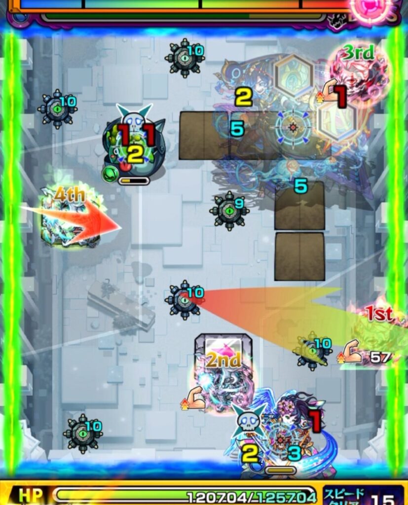 破界の星墓・アラミタマの星墓ボスステージ1。
オカルンが木属性かちリンを撃破する一方で、遊星がエレメントエリアに入りきれず、水属性ムラサメの処理に失敗した場面。