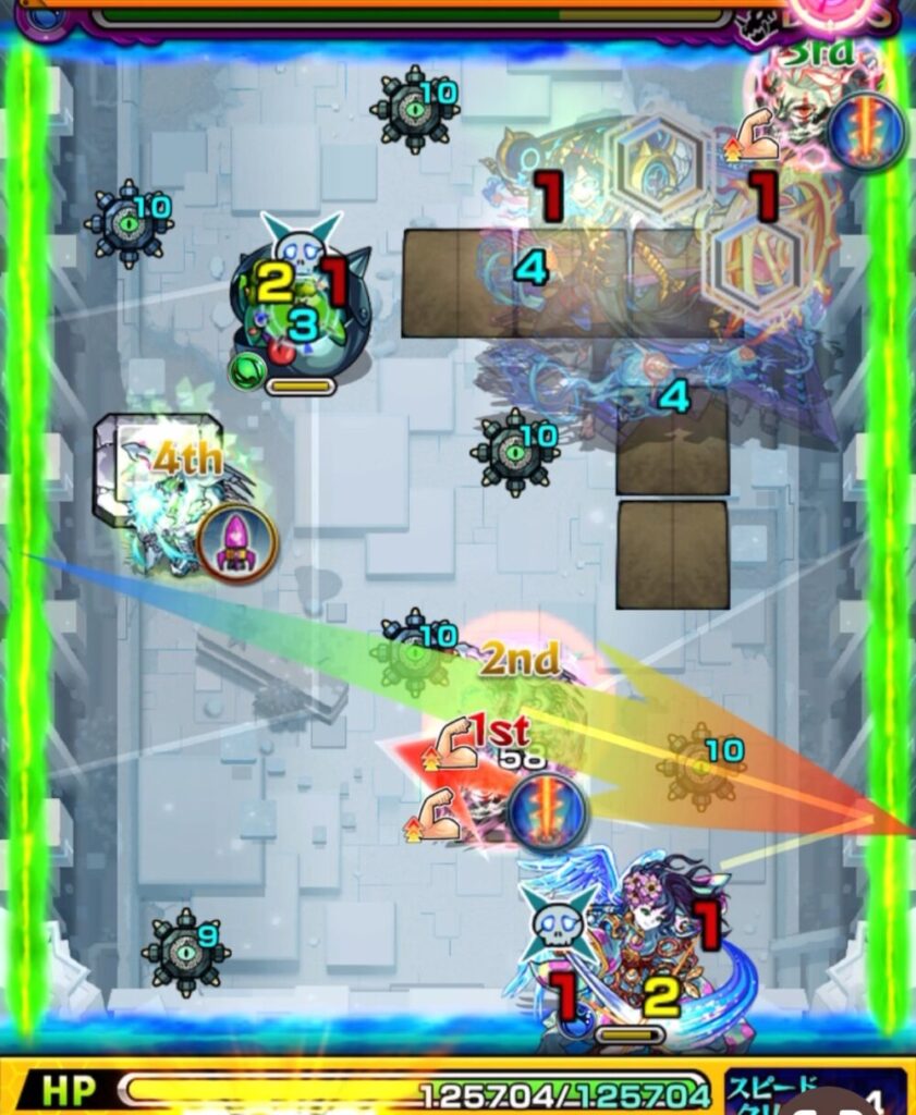 破界の星墓・アラミタマの星墓ボスステージ1。
オカルンが木属性かちリンを処理し、遊星がエレメントエリア内から水属性ムラサメを撃破して同時処理に成功。
クロスドクロ発動でボスが実体化し、玉とクリスタルが新たに出現した場面。