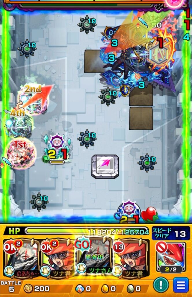 破界の星墓・アラミタマの星墓ボスステージ1。
全滅攻撃まで残り3ターンの状況で、遊星が弱点を攻撃してダメージを稼ぎ、続くオカルンがSSでボスと玉・クリスタルを同時に処理し、大ダメージを与えたシーン。