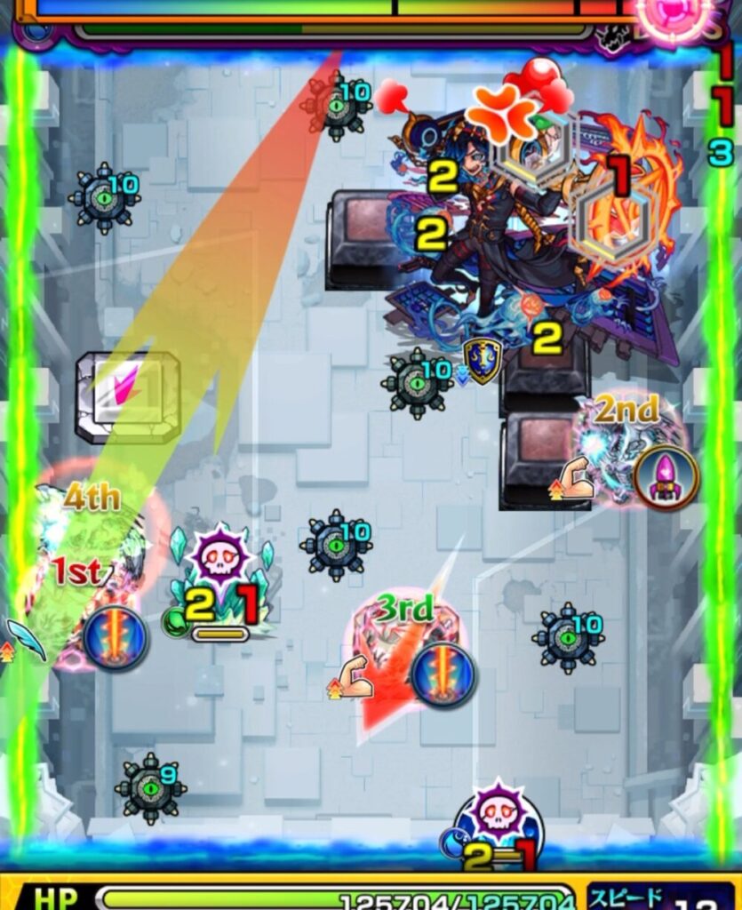 破界の星墓アラミタマのボスステージ1。全滅攻撃まで残り2ターンの状況で、オカルンが木属性の鏡を処理し、続く遊星がパネルを踏んでボス弱点を攻撃。直殴りの大ダメージでボスのゲージを削り切り突破したシーン。