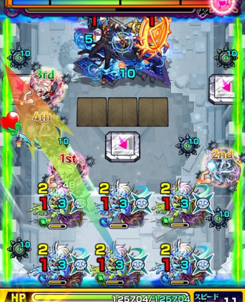 破界の星墓アラミタマのボスステージ2。1手目のオカルンがパネルを踏んで加速しつつ木属性の鬼3体を同時処理した場面。