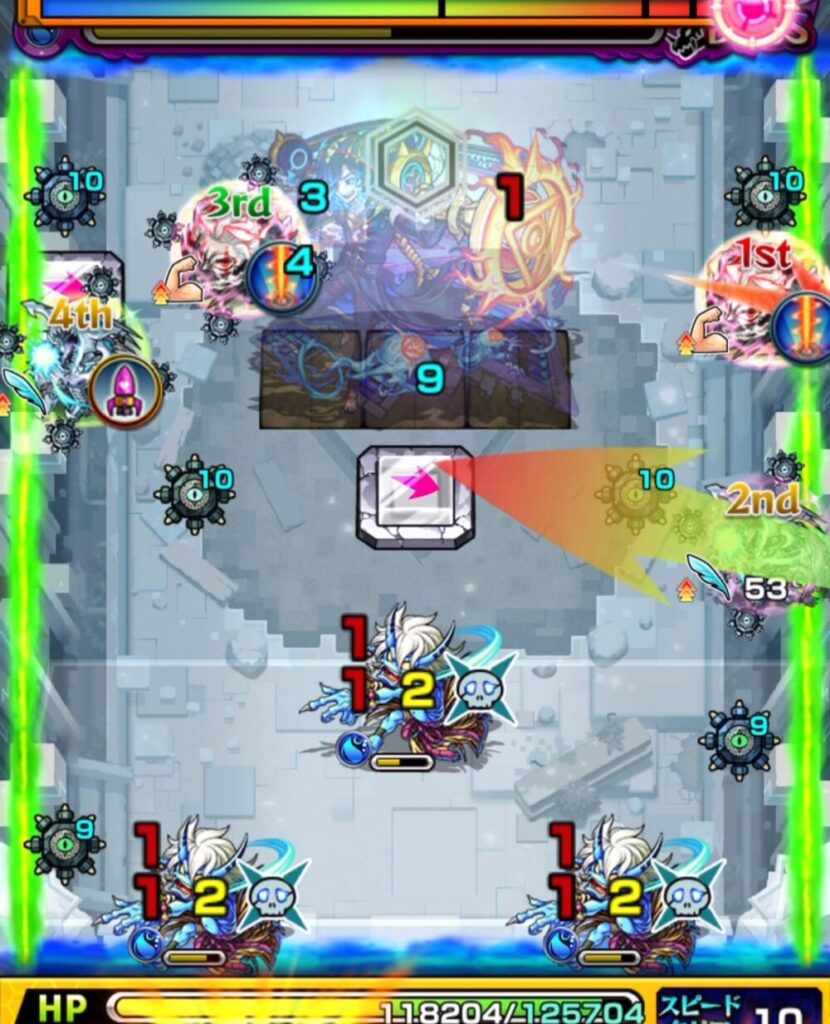 破界の星墓アラミタマのボスステージ2。2手目の遊星がパネル経由で水属性の鬼3体を同時処理し、クロスドクロ発動で玉とクリスタルが出現してボスが実体化した場面。