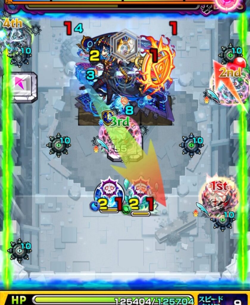 破界の星墓アラミタマのボスステージ2。3手目で遊星がパネル経由からボス弱点を攻撃し、後続のオカルンがクリスタル処理を狙っている場面。