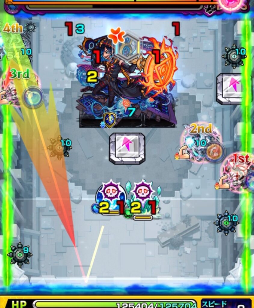 破界の星墓アラミタマのボスステージ2。4手目でオカルンがクリスタル処理を狙い、続く遊星が玉を処理しながらボスへダメージを与えている場面。