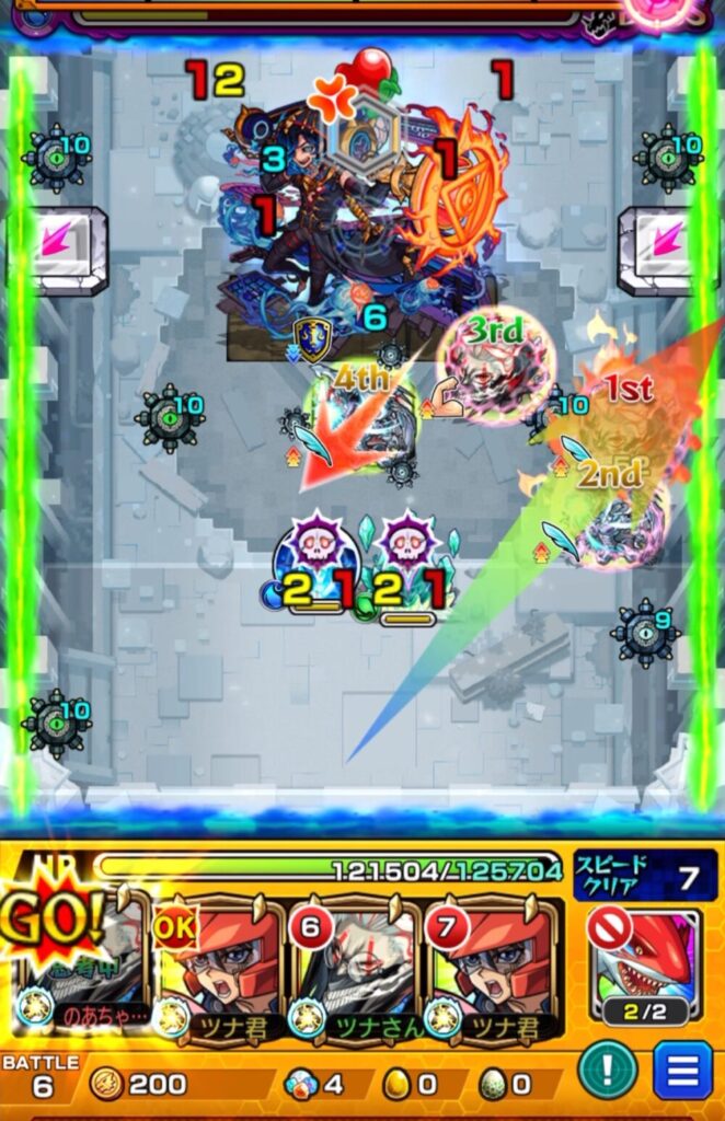 破界の星墓アラミタマのボスステージ2。5手目で遊星が玉を処理し、オカルンがSSでパネル経由からボス弱点を攻撃して大ダメージを与え、撃破に成功する場面。