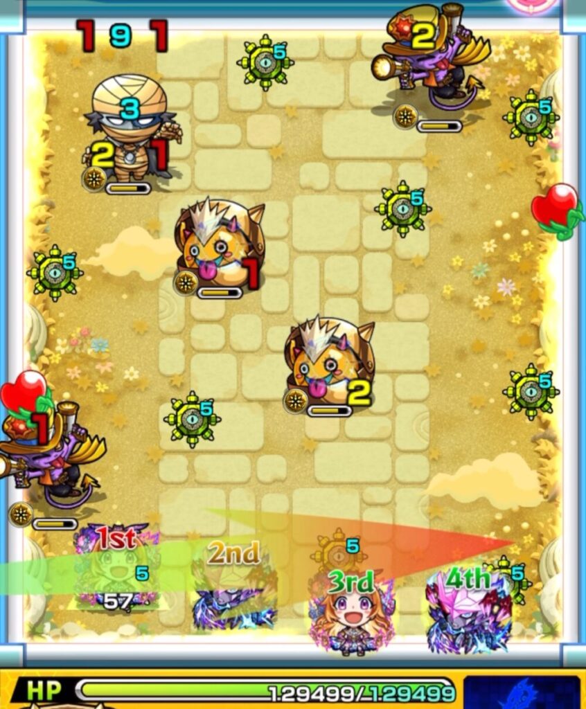 モンスト『天魔の孤城・空中庭園 第1の園』ステージ1の1手目。青いパワーチェンジウォールの状態でパンドラにふれつつ2面ふれを狙うも届かず、1面しか踏めずに火力不足で雑魚を倒しきれなかったルートミスの場面を撮影したスクリーンショット。