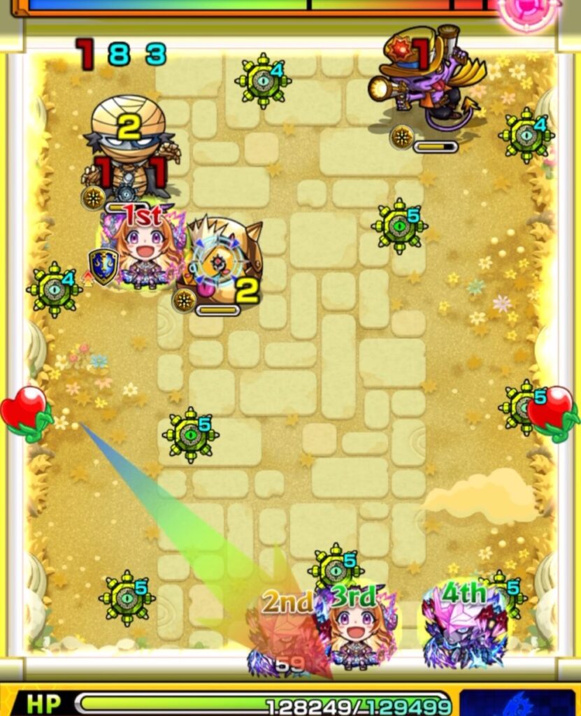 モンスト『天魔の孤城・空中庭園 第1の園』ステージ1の2手目。黄色いパワーチェンジウォールで4面ふれし、攻撃力を最大まで上げて暴れつつパンドラの友情で雑魚とゾンビを処理し、蘇生を防いだ場面のスクリーンショット。