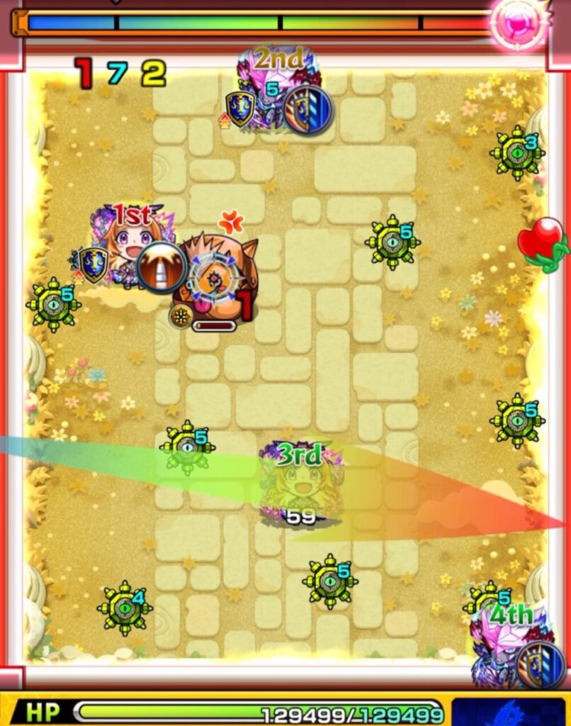 モンスト『天魔の孤城・空中庭園 第1の園』ステージ1の3手目。赤いパワーチェンジウォールで3面ふれし、攻撃力を上げてかちリンを処理し、ステージ1を突破した場面のスクリーンショット。