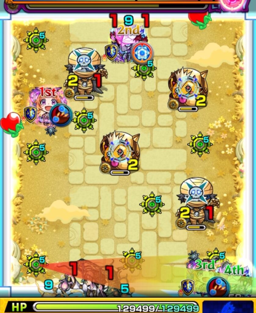 モンスト『天魔の孤城・空中庭園 第1の園』ステージ2の1手目。青いパワーチェンジウォールで2面ふれしながらパンドラの友情を引っ張り、加速友情と合わせて雑魚を一掃。クロスドクロ発動でエビルインライトと中ボスが出現した場面のスクリーンショット。