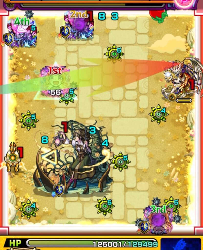 モンスト『天魔の孤城・空中庭園 第1の園』ステージ2の2手目。赤いパワーチェンジウォールで3面ふれし、HP減少攻撃を使うエビルインライトを処理しながら、中ボスへ殴り＋友情でダメージを与えている場面のスクリーンショット。