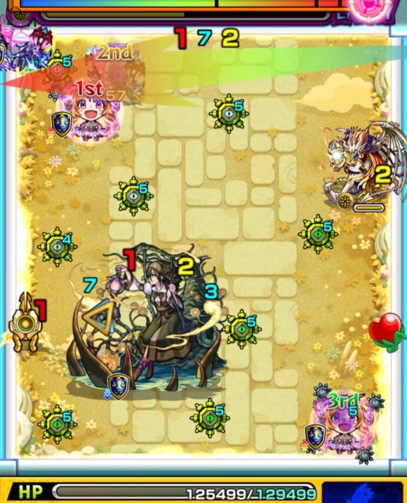 モンスト『天魔の孤城・空中庭園 第1の園』ステージ2の3手目。青いパワーチェンジウォールで2面ふれし、エビルインライトを処理しながらパンドラの友情で中ボスへダメージを与えている場面のスクリーンショット。