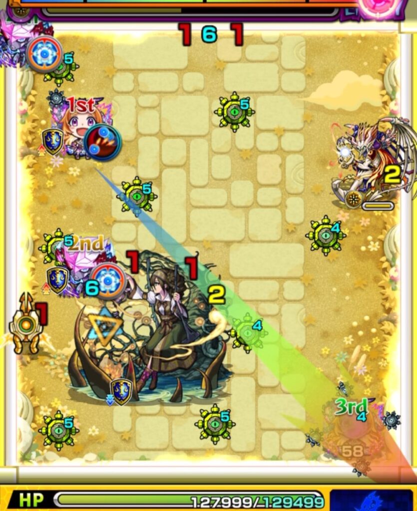 モンスト『天魔の孤城・空中庭園 第1の園』ステージ2の4手目。黄色いパワーチェンジウォールで4面ふれし、エクリプスの加速友情とパンドラの友情を組み合わせて中ボスへ大ダメージを与え、ステージ2を突破した瞬間のスクリーンショット。