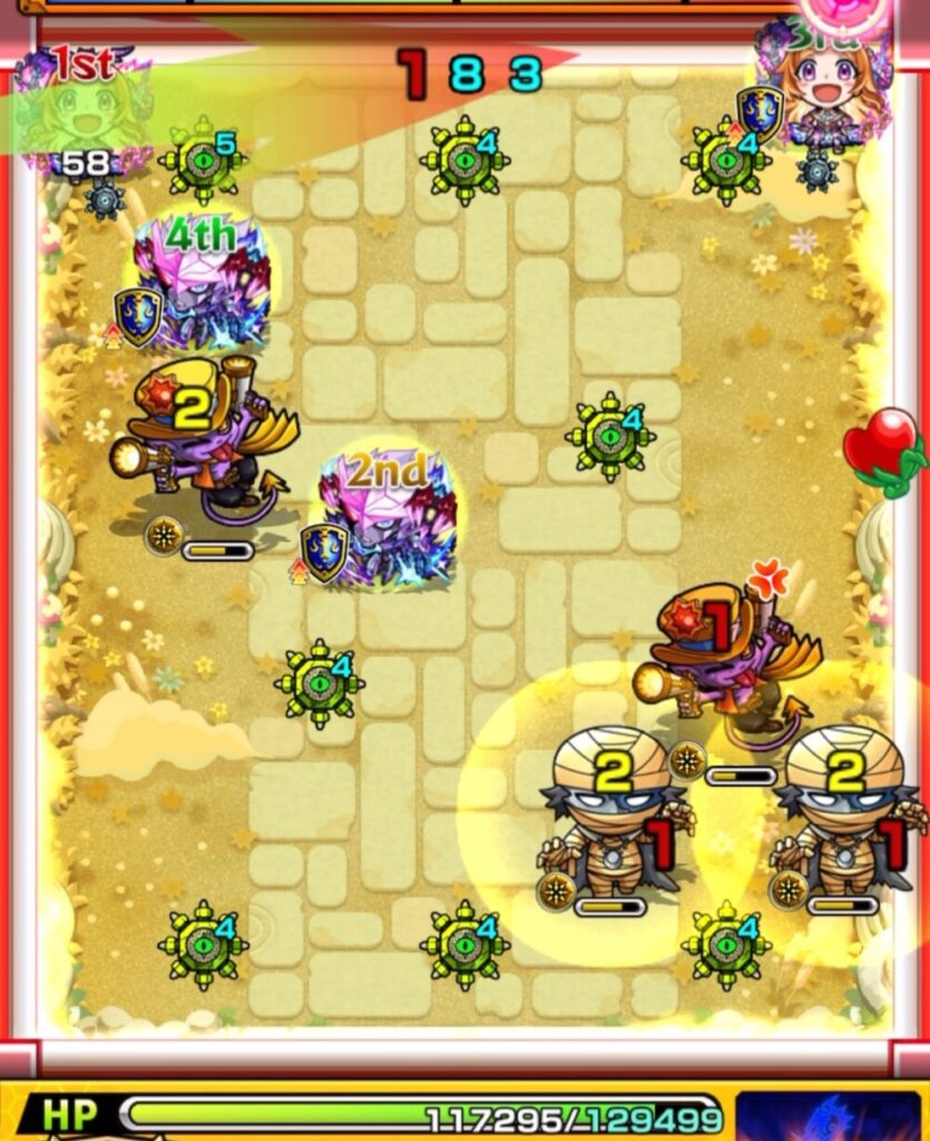 モンスト『天魔の孤城・空中庭園 第1の園』ステージ3の2手目。赤いパワーチェンジウォールで3面ふれし、パンドラの友情でガンマン2体を処理して被ダメージを回避した場面のスクリーンショット。