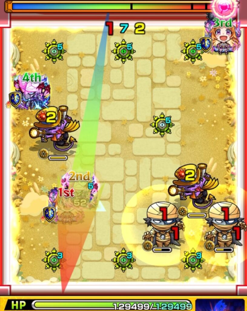 モンスト『天魔の孤城・空中庭園 第1の園』ステージ3の3手目。赤いパワーチェンジウォールで3面ふれし、パンドラの友情で雑魚にダメージを与えつつ、壁とゾンビのあいだに入り込んでLBゾンビの相互蘇生ペアを同時処理し、ステージ3を突破した瞬間のスクリーンショット。