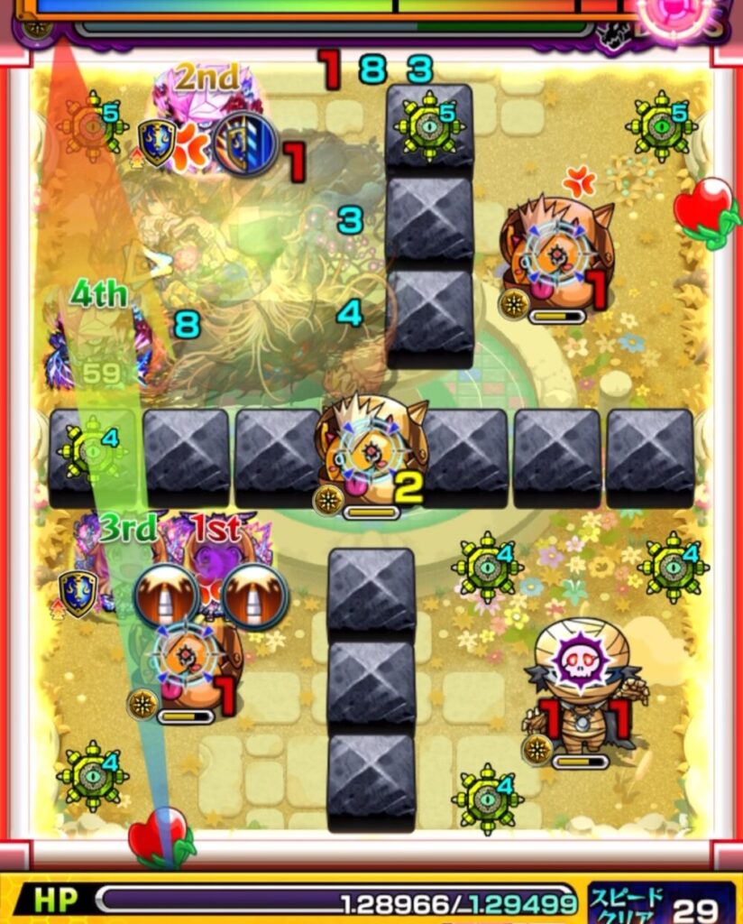 モンスト『天魔の孤城・空中庭園 第1の園』ボスステージ1の2手目。赤いパワーチェンジウォールで3面ふれし、エクリプスの加速とパンドラの友情でかちリンを2体処理しつつゾンビにもダメージを与えたが、ゾンビの毎ターン蘇生で2体が復活した場面のスクリーンショット。