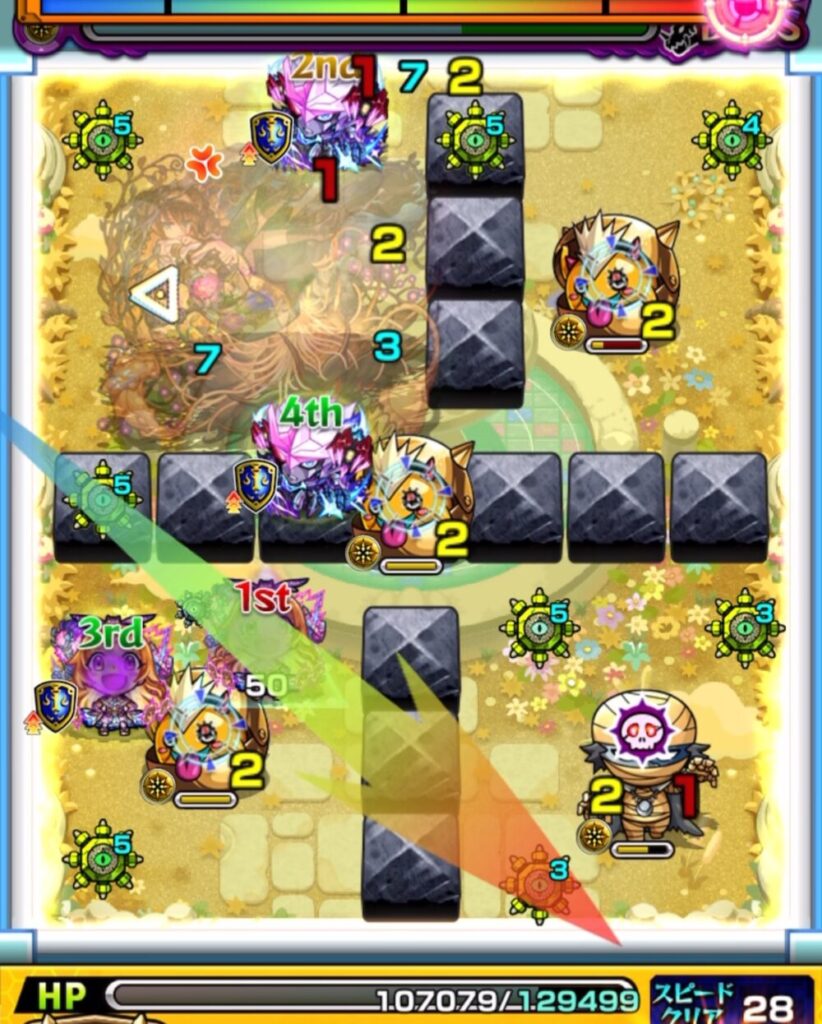 モンスト『天魔の孤城・空中庭園 第1の園』ボスステージ1の3手目。青いパワーチェンジウォールで右下の2面ふれを行い、ゾンビと雑魚を一掃。ドクロ発動によりエビルインライト2体が出現し、ボスが実体化した瞬間のスクリーンショット。